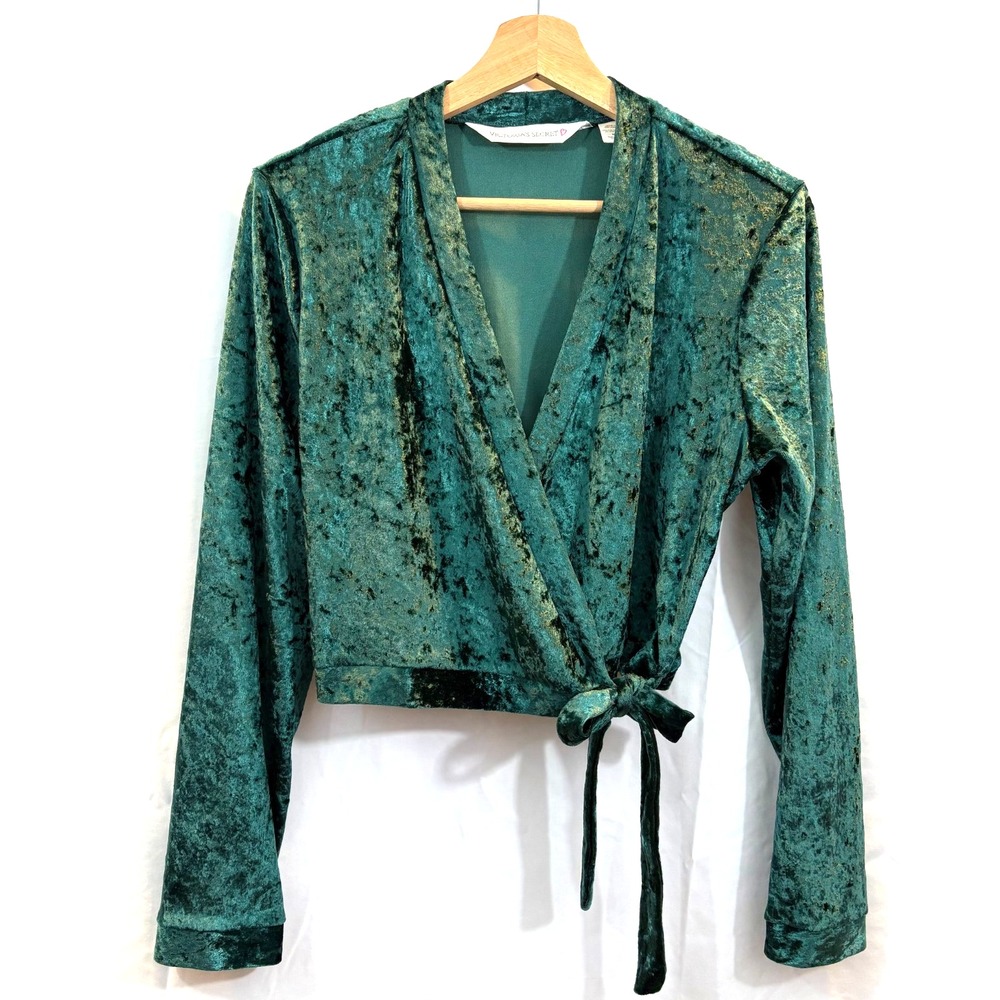 Vintage Sexy Victoria Secret Y2K Green Velvet Wrap Long Sleeve Crop Top, Size M